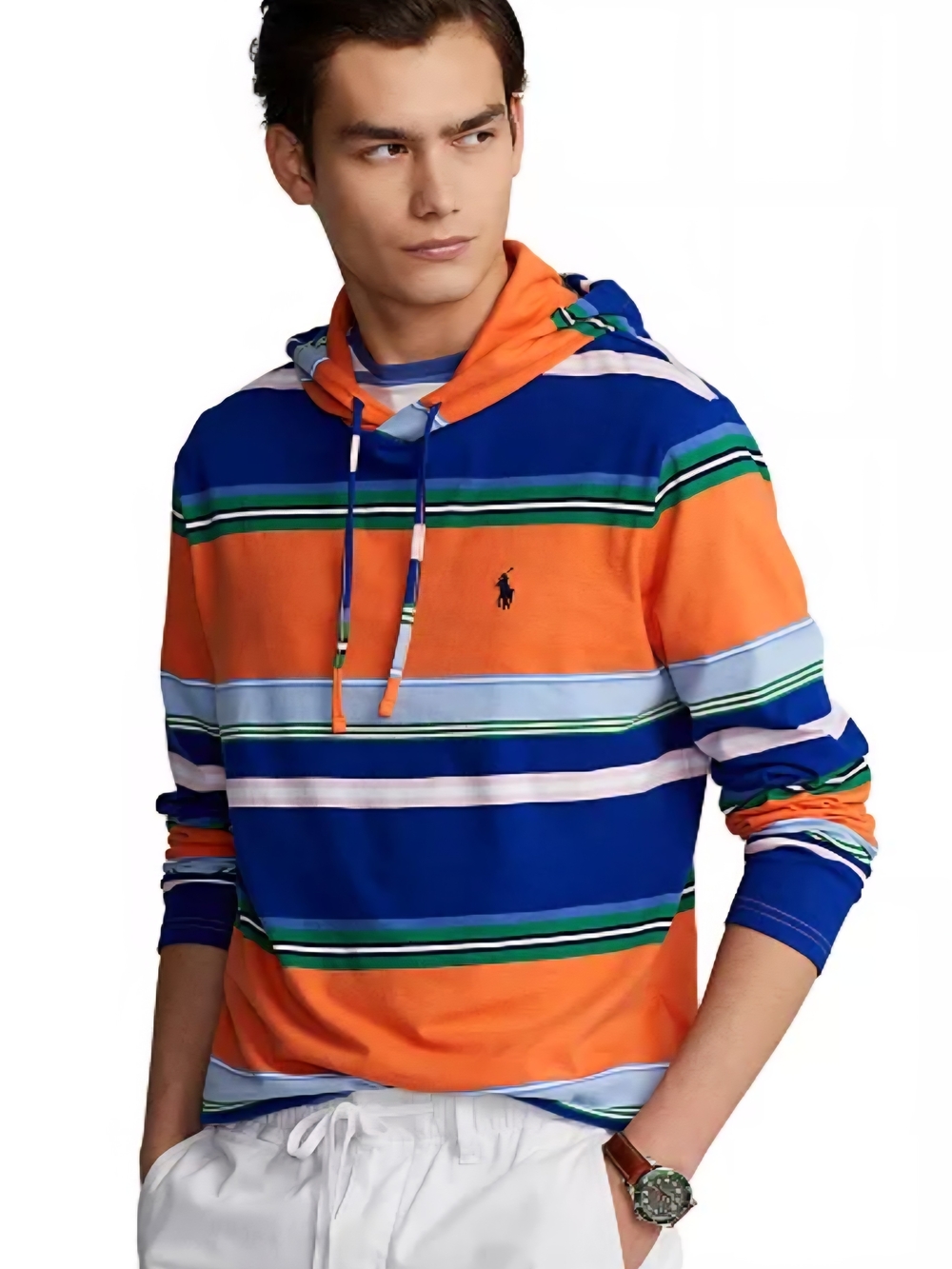 Polo by Ralph Lauren Orange, Blue & Green Striped Hooded Tee Pony Logo